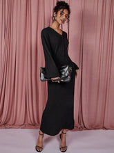 COSMINA Women's Solid Color V-Neck Lantern Sleeve Fitted Elegant Dress